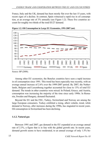 ENERGY TRADE AND COOPERATION BETWEEN THE EU AND CIS COUNTRIES 
France, Italy and the UK, demand has been mostly flat over the last 15 years, with 
recent signs of a decline. In contrast, Spain witnessed a rapid rise in oil consump-tion, 
at an average rate of 3% annually (see Figure 1.2). These five countries ac-count 
for roughly two thirds of the total EU27 demand. 
Figure 1.2. Oil Consumption in Large EU Economies, 1991-2007 (mt) 
140 
130 
120 
110 
100 
90 
80 
70 
60 
50 
40 
1991 
1992 
1993 
1994 
1995 
1996 
1997 
1998 
1999 
2000 
2001 
2002 
2003 
2004 
2005 
2006 
2007 
Germany France Italy UK Spain 
Source: BP (2008). 
Among other EU economies, the Benelux countries have seen a rapid increase 
in oil consumption since 1991. This trend has been especially true recently, with an 
average annual increase of 2.6% over the 1999-2007 period. By 2007, the Nether-lands, 
Belgium and Luxembourg together accounted for close to 13% of total EU 
demand. The trends in other countries were mixed. In Poland, Greece, and Austria, 
consumption was increasing the majority of the time since early 1990s. In Roma-nia, 
Sweden and Hungary, demand fluctuated. 
Beyond the EU and the FSU, Turkey, Switzerland and Norway are among the 
large European consumers. Turkey exhibited a rising, albeit volatile, trend, while 
demand in Norway, after increases during the 1990s, has stagnated in recent years. 
Oil consumption in Switzerland has been declining. 
1.1.2. Natural gas 
Between 1991 and 2007, gas demand in the EU expanded at an average annual 
rate of 2.3%, a figure that is in line with the global growth rate. In recent years, 
demand growth seems to have moderated, to an annual average of only 1.5% be- 
15 CASE Network Report No. 83 
 