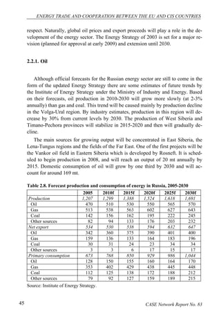 ENERGY TRADE AND COOPERATION BETWEEN THE EU AND CIS COUNTRIES 
respect. Naturally, global oil prices and export proceeds will play a role in the de-velopment 
of the energy sector. The Energy Strategy of 2003 is set for a major re-vision 
(planned for approval at early 2009) and extension until 2030. 
2.2.1. Oil 
Although official forecasts for the Russian energy sector are still to come in the 
form of the updated Energy Strategy there are some estimates of future trends by 
the Institute of Energy Strategy under the Ministry of Industry and Energy. Based 
on their forecasts, oil production in 2010-2030 will grow more slowly (at 2-3% 
annually) than gas and coal. This trend will be caused mainly by production decline 
in the Volga-Ural region. By industry estimates, production in this region will de-crease 
by 30% from current levels by 2030. The production of West Siberia and 
Timano-Pechora provinces will stabilize in 2015-2020 and then will gradually de-cline. 
The main sources for growing output will be concentrated in East Siberia, the 
Lena-Tungus regions and the fields of the Far East. One of the first projects will be 
the Vankor oil field in Eastern Siberia which is developed by Rosneft. It is sched-uled 
to begin production in 2008, and will reach an output of 20 mt annually by 
2015. Domestic consumption of oil will grow by one third by 2030 and will ac-count 
for around 169 mt. 
Table 2.8. Forecast production and consumption of energy in Russia, 2005-2030 
2005 2010f 2015f 2020f 2025f 2030f 
Production 1,207 1,299 1,388 1,524 1,618 1,691 
Oil 470 510 530 550 565 570 
Gas 513 538 563 602 627 643 
Coal 142 156 162 195 222 245 
Other sources 82 94 133 176 203 232 
Net export 534 530 538 594 632 647 
Oil 342 360 375 390 401 400 
Gas 159 136 133 164 183 196 
Coal 30 31 24 23 34 34 
Other sources 3 3 6 17 15 17 
Primary consumption 673 768 850 929 986 1,044 
Oil 128 150 155 160 164 170 
Gas 353 402 429 438 445 448 
Coal 112 125 138 172 188 212 
Other sources 79 92 127 159 189 215 
Source: Institute of Energy Strategy. 
45 CASE Network Report No. 83 
 