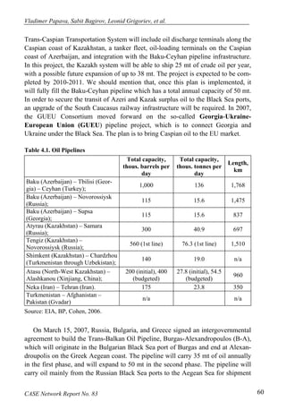 Vladimer Papava, Sabit Bagirov, Leonid Grigoriev, et al. 
Trans-Caspian Transportation System will include oil discharge terminals along the 
Caspian coast of Kazakhstan, a tanker fleet, oil-loading terminals on the Caspian 
coast of Azerbaijan, and integration with the Baku-Ceyhan pipeline infrastructure. 
In this project, the Kazakh system will be able to ship 25 mt of crude oil per year, 
with a possible future expansion of up to 38 mt. The project is expected to be com-pleted 
by 2010-2011. We should mention that, once this plan is implemented, it 
will fully fill the Baku-Ceyhan pipeline which has a total annual capacity of 50 mt. 
In order to secure the transit of Azeri and Kazak surplus oil to the Black Sea ports, 
an upgrade of the South Caucasus railway infrastructure will be required. In 2007, 
the GUEU Consortium moved forward on the so-called Georgia-Ukraine- 
European Union (GUEU) pipeline project, which is to connect Georgia and 
Ukraine under the Black Sea. The plan is to bring Caspian oil to the EU market. 
Table 4.1. Oil Pipelines 
Total capacity, 
thous. barrels per 
day 
Total capacity, 
thous. tonnes per 
day 
Length, 
km 
Baku (Azerbaijan) – Tbilisi (Geor-gia) 
– Ceyhan (Turkey); 1,000 136 1,768 
Baku (Azerbaijan) – Novorossiysk 
(Russia); 115 15.6 1,475 
Baku (Azerbaijan) – Supsa 
(Georgia); 115 15.6 837 
Atyrau (Kazakhstan) – Samara 
(Russia); 300 40.9 697 
Tengiz (Kazakhstan) – 
Novorossiysk (Russia); 560 (1st line) 76.3 (1st line) 1,510 
Shimkent (Kazakhstan) – Chardzhou 
(Turkmenistan through Uzbekistan); 140 19.0 n/a 
Atasu (North-West Kazakhstan) – 
200 (initial), 400 
27.8 (initial), 54.5 
Alashkanou (Xinjiang, China); 
(budgeted) 
(budgeted) 960 
Neka (Iran) – Tehran (Iran). 175 23.8 350 
Turkmenistan – Afghanistan – 
Pakistan (Gvadar) n/a n/a 
Source: EIA, BP, Cohen, 2006. 
On March 15, 2007, Russia, Bulgaria, and Greece signed an intergovernmental 
agreement to build the Trans-Balkan Oil Pipeline, Burgas-Alexandropoulos (B-A), 
which will originate in the Bulgarian Black Sea port of Burgas and end at Alexan-droupolis 
on the Greek Aegean coast. The pipeline will carry 35 mt of oil annually 
in the first phase, and will expand to 50 mt in the second phase. The pipeline will 
carry oil mainly from the Russian Black Sea ports to the Aegean Sea for shipment 
CASE Network Report No. 83 60 
 