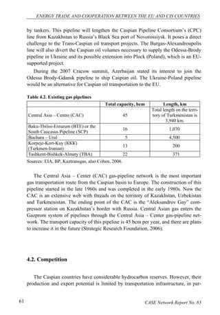 ENERGY TRADE AND COOPERATION BETWEEN THE EU AND CIS COUNTRIES 
by tankers. This pipeline will lengthen the Caspian Pipeline Consortium’s (CPC) 
line from Kazakhstan to Russia’s Black Sea port of Novorossiysk. It poses a direct 
challenge to the Trans-Caspian oil transport projects. The Burgas-Alexandroupolis 
line will also divert the Caspian oil volumes necessary to supply the Odessa-Brody 
pipeline in Ukraine and its possible extension into Plock (Poland), which is an EU-supported 
project. 
During the 2007 Cracow summit, Azerbaijan stated its interest to join the 
Odessa Brody-Gdansk pipeline to ship Caspian oil. The Ukraine-Poland pipeline 
would be an alternative for Caspian oil transportation to the EU. 
Table 4.2. Existing gas pipelines 
Total capacity, bcm Length, km 
Central Asia – Centre (CAC) 45 
Total length on the terri-tory 
of Turkmenistan is 
3,940 km. 
Baku-Tbilisi-Erzurum (BTE) or the 
South Caucasus Pipeline (SCP) 16 1,070 
Buchara – Ural 5 4,500 
Korpeje-Kort-Kuy (ККК) 
(Turkmen-Iranian) 13 200 
Таshkent-Bishkek-Аlmaty (ТBА) 22 371 
Sources: EIA, BP, Kaztransgas, also Cohen, 2006. 
The Central Asia – Center (CAC) gas-pipeline network is the most important 
gas transportation route from the Caspian basin to Europe. The construction of this 
pipeline started in the late 1960s and was completed in the early 1980s. Now the 
CAC is an extensive web with threads on the territory of Kazakhstan, Uzbekistan 
and Turkmenistan. The ending point of the CAC is the “Aleksandrov Gay” com-pressor 
station on Kazakhstan’s border with Russia. Central Asian gas enters the 
Gazprom system of pipelines through the Central Asia – Center gas-pipeline net-work. 
The transport capacity of this pipeline is 45 bcm per year, and there are plans 
to increase it in the future (Strategic Research Foundation, 2006). 
4.2. Competition 
The Caspian countries have considerable hydrocarbon reserves. However, their 
production and export potential is limited by transportation infrastructure, in par- 
61 CASE Network Report No. 83 
 