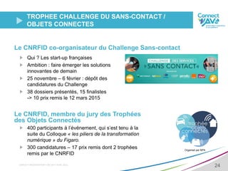 CNRFID • PRÉSENTATION • XX/ XX • AVRIL 2015
24
TROPHEE CHALLENGE DU SANS-CONTACT /
OBJETS CONNECTES
Le CNRFID co-organisateur du Challenge Sans-contact
Qui ? Les start-up françaises
Ambition : faire émerger les solutions
innovantes de demain
25 novembre – 6 février : dépôt des
candidatures du Challenge
38 dossiers présentés, 15 finalistes
-> 10 prix remis le 12 mars 2015
Le CNRFID, membre du jury des Trophées
des Objets Connectés
400 participants à l’événement, qui s’est tenu à la
suite du Colloque « les piliers de la transformation
numérique » du Figaro.
300 candidatures – 17 prix remis dont 2 trophées
remis par le CNRFID
Organisé par NPA
 