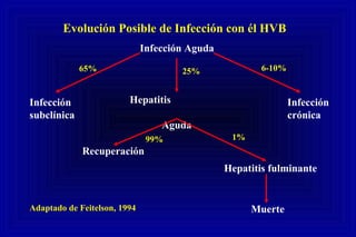 Evolución Posible de Infección con él HVB
Infección Aguda
Hepatitis
Aguda
Infección
crónica
Infección
subclínica
6-10%65% 25%
Recuperación
99%
Hepatitis fulminante
Muerte
1%
Adaptado de Feitelson, 1994
 