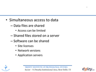 TRINITY INSTITUTE OF PROFESSIONAL STUDIES
Sector – 9, Dwarka Institutional Area, New Delhi-75
3
• Simultaneous access to data
– Data files are shared
• Access can be limited
– Shared files stored on a server
– Software can be shared
• Site licenses
• Network versions
• Application servers
 