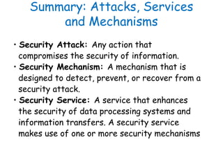 Summary: Attacks, Services
and Mechanisms
• Security Attack: Any action that
compromises the security of information.
• Se...