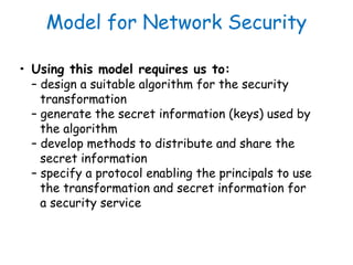 Model for Network Security
• Using this model requires us to:
– design a suitable algorithm for the security
transformatio...