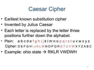 Caesar Cipher
• Earliest known substitution cipher
• Invented by Julius Caesar
• Each letter is replaced by the letter thr...