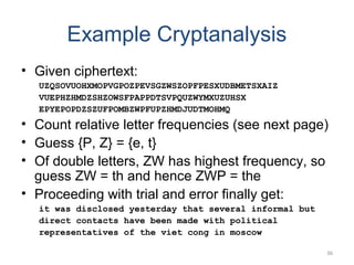Example Cryptanalysis
• Given ciphertext:
UZQSOVUOHXMOPVGPOZPEVSGZWSZOPFPESXUDBMETSXAIZ
VUEPHZHMDZSHZOWSFPAPPDTSVPQUZWYMXU...