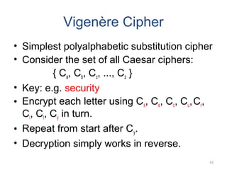 Vigenère Cipher
• Simplest polyalphabetic substitution cipher
• Consider the set of all Caesar ciphers:
{ Ca, Cb, Cc, ...,...