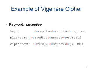 Example of Vigenère Cipher
• Keyword: deceptive
key: deceptivedeceptivedeceptive
plaintext: wearediscoveredsaveyourself
ci...