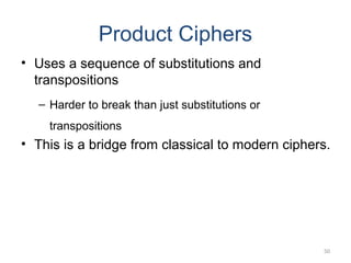 Product Ciphers
• Uses a sequence of substitutions and
transpositions
– Harder to break than just substitutions or
transpo...
