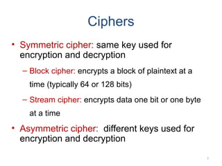 Ciphers
• Symmetric cipher: same key used for
encryption and decryption
– Block cipher: encrypts a block of plaintext at a...