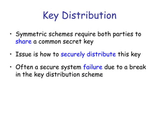 Key Distribution
• Symmetric schemes require both parties to
share a common secret key
• Issue is how to securely distribute this key
• Often a secure system failure due to a break
in the key distribution scheme

 