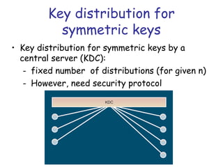 Key distribution for
symmetric keys
• Key distribution for symmetric keys by a
central server (KDC):
- fixed number of distributions (for given n)
- However, need security protocol

 