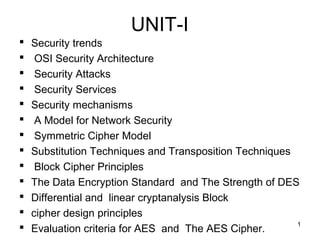 UNIT-I
 Security trends
 OSI Security Architecture
 Security Attacks
 Security Services
 Security mechanisms
 A Model for Network Security
 Symmetric Cipher Model
 Substitution Techniques and Transposition Techniques
 Block Cipher Principles
 The Data Encryption Standard and The Strength of DES
 Differential and linear cryptanalysis Block
 cipher design principles
 Evaluation criteria for AES and The AES Cipher.
1
 