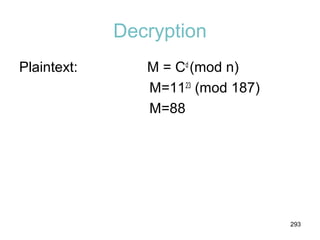 Decryption
Plaintext: M = Cd
(mod n)
M=1123
(mod 187)
M=88
293
 