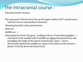The intracranial course :
Internal acoustic meatus;
The main part of facial nerve lies on the upper surface of 8th cranial nerve,
with the nervus intermedius in between
Running laterally in the petrous bone
inner ear
middle ear →
sharp posterior bend ,the genu. Leading to form a Geniculate ganglion →
runs back in the medial wall of middle ear, above the promontory and
just below the bulge of the lateral semicircular canal→ curves
downwards behind the middle ear, deep to the aditus to the antrum→
passes vertically down the facial canal.
 
