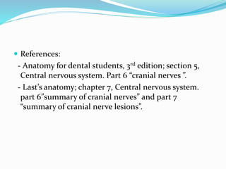  References:
- Anatomy for dental students, 3rd edition; section 5,
Central nervous system. Part 6 “cranial nerves ”.
- Last’s anatomy; chapter 7, Central nervous system.
part 6”summary of cranial nerves” and part 7
“summary of cranial nerve lesions”.
 
