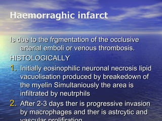 Is due to the frgmentation of the occlusiveIs due to the frgmentation of the occlusive
arterial emboli or venous thrombosis.arterial emboli or venous thrombosis.
HISTOLOGICALLYHISTOLOGICALLY
1.1. Initially eosinophilic neuronal necrosis lipidInitially eosinophilic neuronal necrosis lipid
vacuolisation produced by breakedown ofvacuolisation produced by breakedown of
the myelin Simultaniously the area isthe myelin Simultaniously the area is
infiltrated by neutrphilsinfiltrated by neutrphils
2.2. After 2-3 days ther is progressive invasionAfter 2-3 days ther is progressive invasion
by macrophages and ther is astrcytic andby macrophages and ther is astrcytic and
 