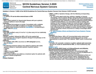Updates in Version 1.2020 of the NCCN Guidelines for Central Nervous System Cancers from Version 3.2019 include:
UPDATES
Continued
MENI-1
Footnotes
• f deleted: RT can be either external beam or SRS
LTD-2
Treatment
• SRS in select patients for disseminated disease with poor systemic
treatment options is new to the page
Footnotes
• g: modified 2nd sentence to include: Consultation with a radiation
oncologist and close MRI surveillance is strongly recommended.
• l: Hippocampal avoidance preferred, See BRAIN-C, corresponding to
WBRT, (Also for LTD-3).
LTD-3
Follow-Up
• Brain MRI modified: every 2–3 mo for 1–2 y then every 4–6 mo indefinitely
(Also for MU-2)
Treatment
• Surgery, modified: followed by SRS or RT to the surgical bed
• Chemotherapy was changed to Systemic therapy for all pathways on the
page (Also for MU-2)
Follow-Up
• n: modified: After SRS, recurrence on MRI radiograph can be...
(Also for MU-2)
LTD-4
• The following treatment options were added for patients with stable
systemic disease or reasonable systemic treatment options:
Surgery
SRS
WBRT if no prior WBRT
Systemic therapy
• SRS in select patients was added as a treatment option for patients with
systemic disease progression.
MU-1
Primary Treatment
• WBRT, or SRS or Systemic therapy, with the following corresponding
footnotes:
g: If an active agent exists (eg, cytotoxic, targeted, or immune
modulating), trial of systemic therapy with good CNS penetration may be
considered in select patients (eg, for patients with small asymptomatic
brain metastases from melanoma or ALK rearrangement-positive NSCLC
or EGFR-mutated NSCLC); it is reasonable to hold on treating with
radiation to see if systemic therapy can control the brain metastases.
Consultation with a radiation oncologist and close MRI surveillance
is strongly recommended. There are no data from prospective clinical
trials comparing the two strategies to assess what the impact of delayed
radiation would be in terms of survival or in delay of neurologic deficit
development.
h: See Principles of Brain and Spinal Cord Tumor Systemic Therapy
(BRAIN-D)
LEPT-2
Treatment
• For Good Risk Status: SRS or RT (involved-field and/or whole brain)
to bulky disease and neurologically symptomatic (such as cranial
neuropathies) or painful sites. This replaced WBRT and/or involved-field
RT
BRAIN-A
• 1st bullet, 4th sub-bullet, Limitations modified: patients with implantable
devices are unsafe for cannot have an MRI...or renal insufficiency may
occur
BRAIN-C 1 of 8
Adult Low-Grade (WHO Grade I or II) Glioma/Pilocytic and Infiltrative
Supratentorial Astrocytoma/Oligodendroglioma
• Tumor volumes are best defined using pre- and postoperative MRI
imaging, usually T2 fluid-attenuated inversion recovery (FLAIR)/T2 and T1,
occasionally, enhanced T1post-contrast sequences,...
• New MRI for radiation treatment planning is recommended as there can
be changes in mass effect and cytotoxic edema. Distinguishing non-
enhancing tumor from vasogenic edema can be challenging and may
warrant consultation with a neuroradiologist to inform treatment planning.
NCCN Guidelines Version 3.2020
Central Nervous System Cancers
Version 3.2020 , 09/11/20 © 2020 National Comprehensive Cancer Network®
(NCCN®
), All rights reserved. NCCN Guidelines®
and this illustration may not be reproduced in any form without the express written permission of NCCN.
NCCN Guidelines Index
Table of Contents
Discussion
Printed by Matteo De notaris on 11/13/2020 6:02:56 AM. For personal use only. Not approved for distribution. Copyright © 2020 National Comprehensive Cancer Network, Inc., All Rights Reserved.
 
