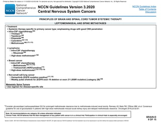 PRINCIPLES OF BRAIN AND SPINAL CORD TUMOR SYSTEMIC THERAPY
• Treatment
Systemic therapy specific to primary cancer type; emphasizing drugs with good CNS penetration
Intra-CSF chemotherapy163
◊◊ Thiotepa164
◊◊ Topotecan165
◊◊ Etoposide166
◊◊ Cytarabine167-170
◊◊ Methotrexate169,171-173
Lymphoma
◊◊ Intra-CSF chemotherapy
–– Rituximab168
◊◊ High-dose methotrexateo,162
Breast cancer
◊◊ Intra-CSF chemotherapy
–– Methotrexate169,171,172
–– Trastuzumab (HER2-positive)174
◊◊ High-dose methotrexateo,131,175,176
Non-small cell lung cancer
◊◊ Osimertinib (EGFR mutation positive)177,178
◊◊ Weekly pulse erlotinib for (EGFR exon 19 deletion or exon 21 L858R mutation) (category 2B)146
Metastatic Spine Tumors
• Use regimen for disease-specific site
LEPTOMENINGEAL AND SPINE METASTASES
BRAIN-D
9 OF 15
o
Consider glucarpidase (carboxypeptidase G2) for prolonged methotrexate clearance due to methotrexate-induced renal toxicity. Ramsey LB, Balis FM, O'Brien MM, et al. Consensus
guideline for use of glucarpidase in patients with high-dose methotrexate induced acute kidney injury and delayed methotrexate clearance. Oncologist 2018;23:52-61.
NCCN Guidelines Version 3.2020
Central Nervous System Cancers
Version 3.2020 , 09/11/20 © 2020 National Comprehensive Cancer Network®
(NCCN®
), All rights reserved. NCCN Guidelines®
and this illustration may not be reproduced in any form without the express written permission of NCCN.
Note: All recommendations are category 2A unless otherwise indicated.
Clinical Trials: NCCN believes that the best management of any patient with cancer is in a clinical trial. Participation in clinical trials is especially encouraged.
NCCN Guidelines Index
Table of Contents
Discussion
Printed by Matteo De notaris on 11/13/2020 6:02:56 AM. For personal use only. Not approved for distribution. Copyright © 2020 National Comprehensive Cancer Network, Inc., All Rights Reserved.
 
