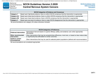 NCCN Categories of Evidence and Consensus
Category 1 Based upon high-level evidence, there is uniform NCCN consensus that the intervention is appropriate.
Category 2A Based upon lower-level evidence, there is uniform NCCN consensus that the intervention is appropriate.
Category 2B Based upon lower-level evidence, there is NCCN consensus that the intervention is appropriate.
Category 3 Based upon any level of evidence, there is major NCCN disagreement that the intervention is appropriate.
All recommendations are category 2A unless otherwise indicated.
NCCN Categories of Preference
Preferred intervention
Interventions that are based on superior efficacy, safety, and evidence; and, when appropriate,
affordability.
Other recommended
intervention
Other interventions that may be somewhat less efficacious, more toxic, or based on less mature data;
or significantly less affordable for similar outcomes.
Useful in certain
circumstances
Other interventions that may be used for selected patient populations (defined with recommendation).
All recommendations are considered appropriate.
CAT-1
NCCN Guidelines Version 3.2020
Central Nervous System Cancers
Version 3.2020 , 09/11/20 © 2020 National Comprehensive Cancer Network®
(NCCN®
), All rights reserved. NCCN Guidelines®
and this illustration may not be reproduced in any form without the express written permission of NCCN.
NCCN Guidelines Index
Table of Contents
Discussion
Printed by Matteo De notaris on 11/13/2020 6:02:56 AM. For personal use only. Not approved for distribution. Copyright © 2020 National Comprehensive Cancer Network, Inc., All Rights Reserved.
 