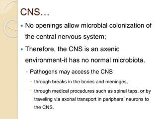CNS…
 No openings allow microbial colonization of
the central nervous system;
 Therefore, the CNS is an axenic
environment-it has no normal microbiota.
◦ Pathogens may access the CNS
 through breaks in the bones and meninges,
 through medical procedures such as spinal taps, or by
traveling via axonal transport in peripheral neurons to
the CNS.
 