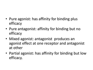 • Pure agonist: has affinity for binding plus
efficacy
• Pure antagonist: affinity for binding but no
efficacy
• Mixed agonist: antagonist produces an
agonist effect at one receptor and antagonist
at other
• Partial agonist: has affinity for binding but low
efficacy.
 