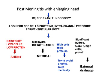 Post Meningitis with enlarging head

               CT, CSF EXAM, FUNDOSCOPY

 LOOK FOR CSF CELLS PROTEINS, INTRA CRANIAL PRESSURE
           PERIVENTRICULAR OOZE


                                               Significant
RAISED ICT     Mild hydro,                     hydroc.
LOW CELLS      ICT NOT RAISED   High cells     Ooze +, high
LOW PROTEIN                     High           cells,
                                proteins       protein
  SHUNT           MEDICAL
                                Try to avoid
                                Shunts.
                                Treat             External
                                medically         drainage
 
