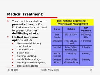 Medical Treatment: Treatment is carried out to  prevent stroke , or if a limited stroke has occurred, to  prevent further debilitating stroke .  Medical treatment options  include  life-style (risk factor) modification  more exercise,  better diet,  quitting smoking,  anticholesterol drugs anti-hypertensive agents, antiplatelet agents 
