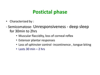 Postictal phase
• Characterized by :
- Semicomatose- Unresponsiveness - deep sleep
   for 30min to 2hrs
       •   Muscular flaccidity, loss of corneal reflex
       •   Extensor plantar responses
       •   Loss of sphincter control -incontinence , tongue biting
       •   Lasts 30 min – 2 hrs
 