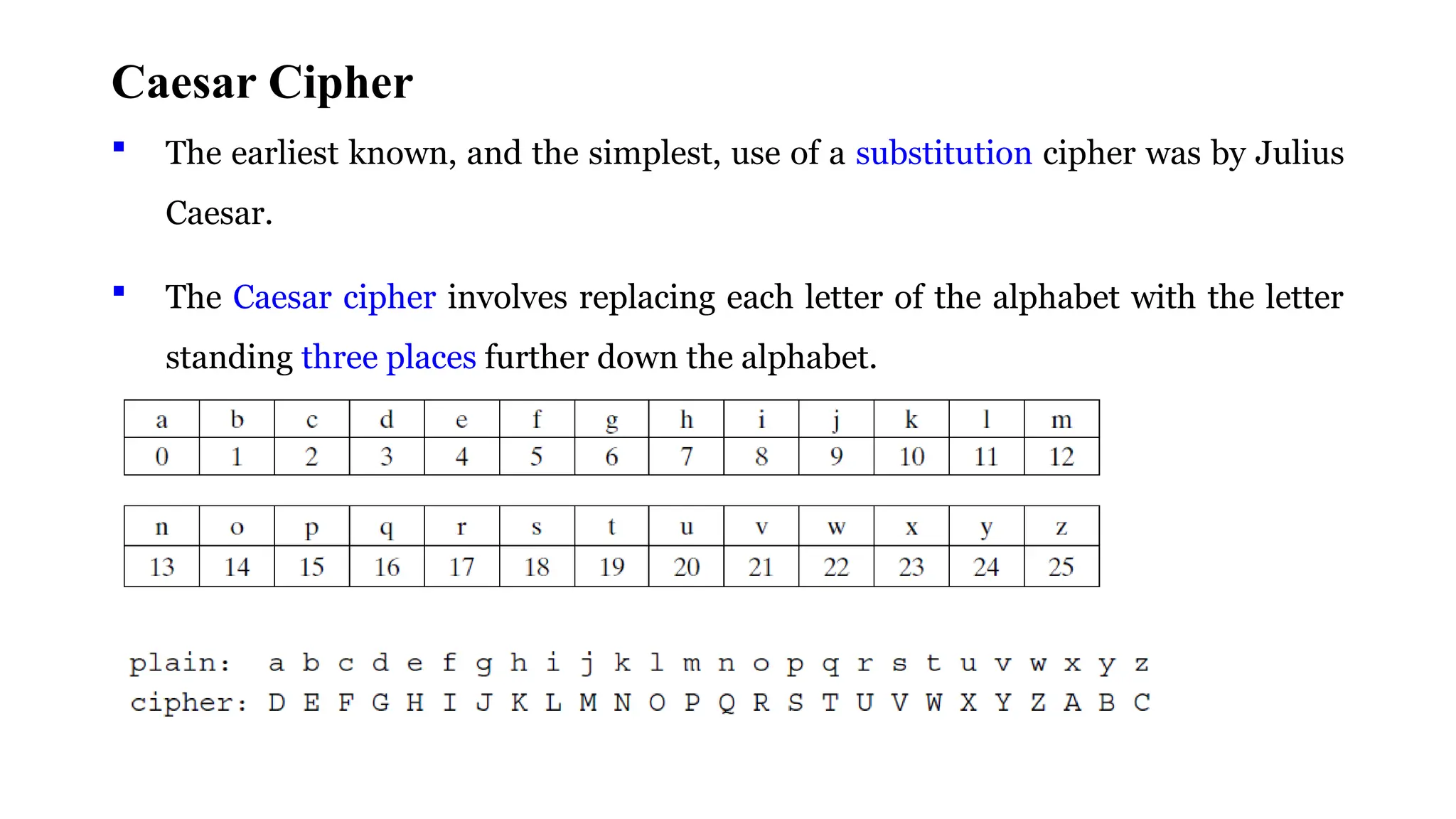 Caesar Cipher
 The earliest known, and the simplest, use of a substitution cipher was by Julius
Caesar.
 The Caesar cipher involves replacing each letter of the alphabet with the letter
standing three places further down the alphabet.
 