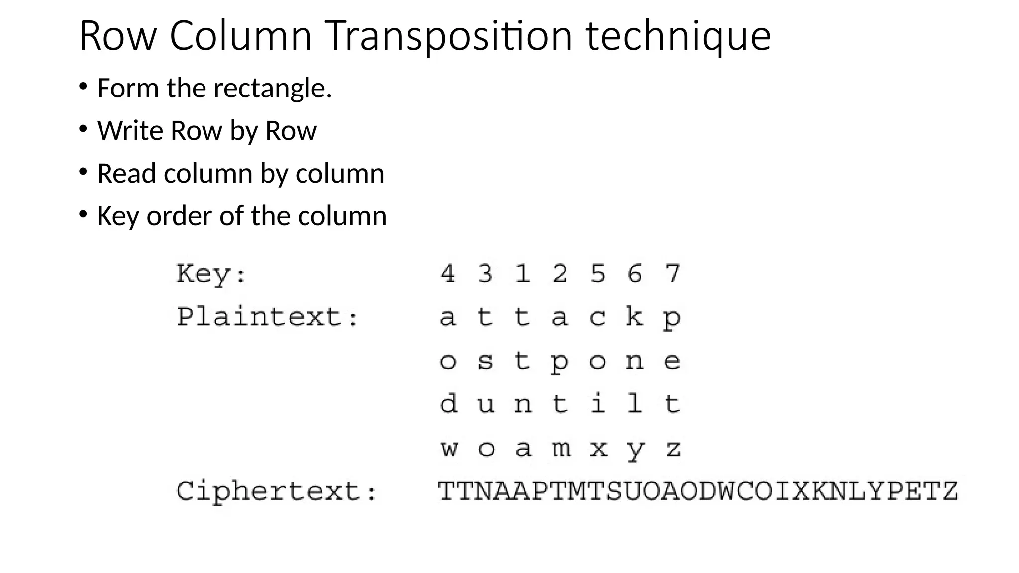 Row Column Transposition technique
• Form the rectangle.
• Write Row by Row
• Read column by column
• Key order of the column
 