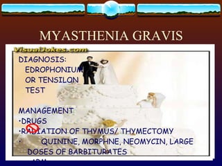 MYASTHENIA GRAVIS ACETYLCHOLINE DEFICIENCY FAILURE OF IMPULSE TRANSMISION WEAKNESS CAUSE: UNKNOWN AUTOIMMUNE INCREASED CHOLINESTERASE SSX: SKELETAL MUSCLE WEAKNESS WEAKNESS OF THE MUSCLES OF : EXTERNAL OCULAR PHARYNGEAL JAW SHOULDER  ARM DIAGNOSIS: EDROPHONIUM OR TENSILON TEST MANAGEMENT : DRUGS RADIATION OF THYMUS/ THYMECTOMY QUININE, MORPHNE, NEOMYCIN, LARGE DOSES OF BARBITURATES 
