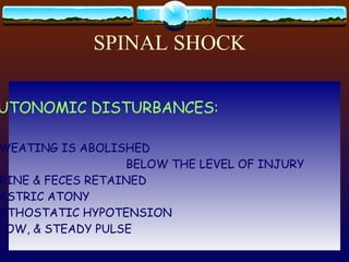 SPINAL SHOCK IMMEDIATE FLACCID PARALYSIS & SENSORY LOSS BELOW THE LEVEL OF LESION PRIAPISM BULBOCAVERNOUS REFLEX IS LOST BUT REUTRNS AFTER A FEW HRS OTHER REFLEXES REMAIN ABSENT 3-6 WKS AUTONOMIC DISTURBANCES: SWEATING IS ABOLISHED  BELOW THE LEVEL OF INJURY URINE & FECES RETAINED GASTRIC ATONY ORTHOSTATIC HYPOTENSION SLOW, & STEADY PULSE 