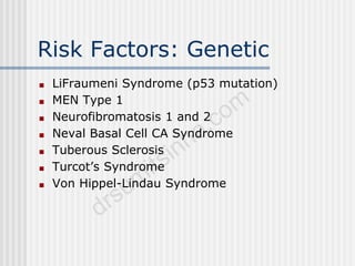 Risk Factors: Genetic
■ LiFraumeni Syndrome (p53 mutation)
■ MEN Type 1
■ Neurofibromatosis 1 and 2
■ Neval Basal Cell CA Syndrome
■ Tuberous Sclerosis
■ Turcot’s Syndrome
■ Von Hippel-Lindau Syndrome
 