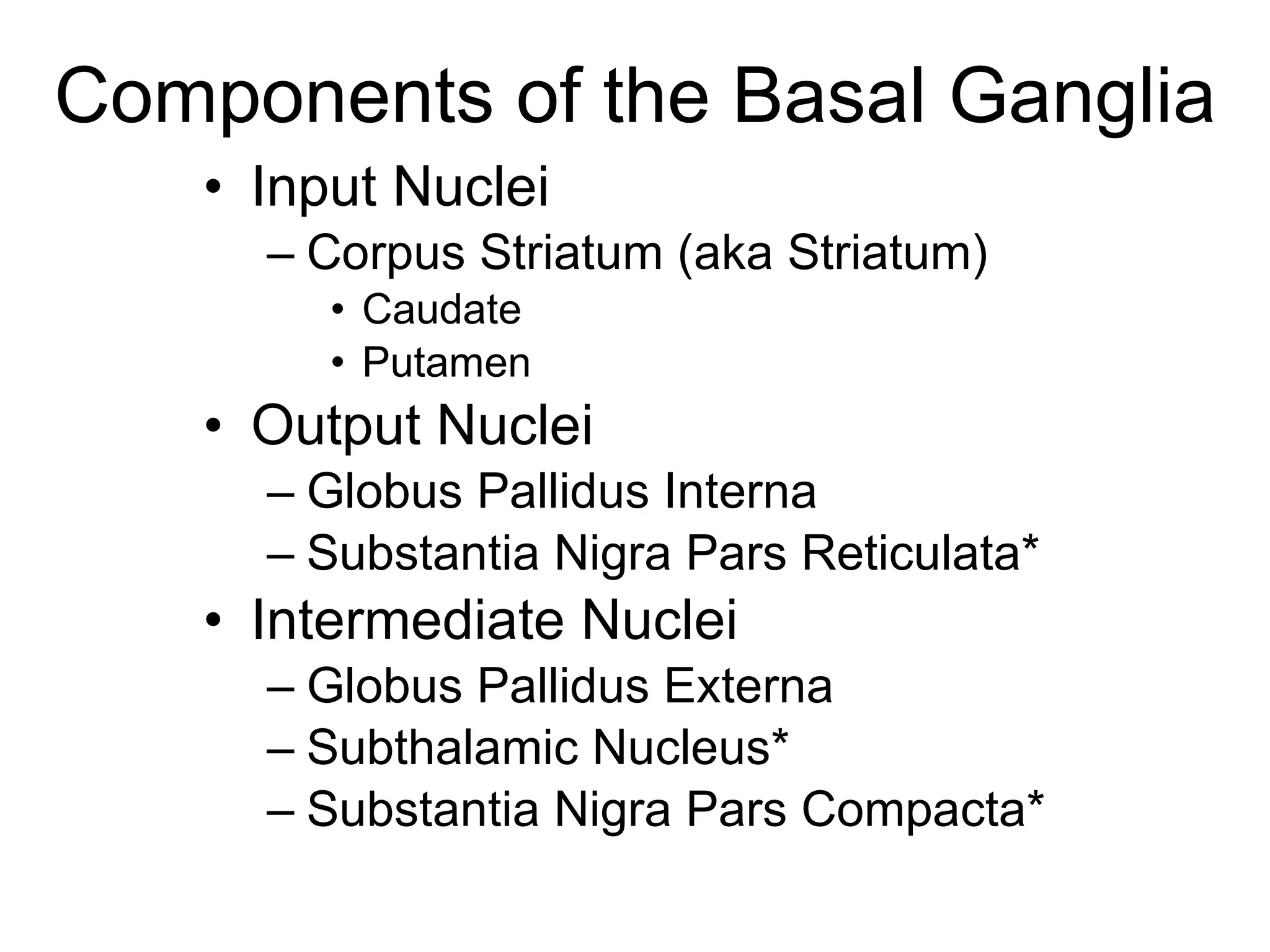 Components of the Basal Ganglia Input Nuclei Corpus Striatum (aka Striatum) Caudate Putamen Output Nuclei Globus Pallidus Interna Substantia Nigra Pars Reticulata* Intermediate Nuclei Globus Pallidus Externa Subthalamic Nucleus* Substantia Nigra Pars Compacta* 