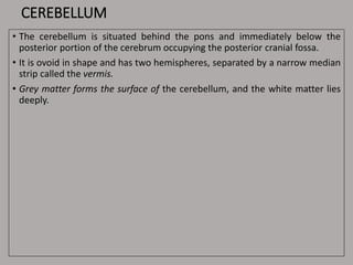CEREBELLUM
• The cerebellum is situated behind the pons and immediately below the
posterior portion of the cerebrum occupying the posterior cranial fossa.
• It is ovoid in shape and has two hemispheres, separated by a narrow median
strip called the vermis.
• Grey matter forms the surface of the cerebellum, and the white matter lies
deeply.
 
