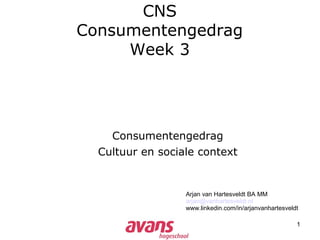 1
CNS
Consumentengedrag
Week 3
Arjan van Hartesveldt BA MM
arjan@vanhartesveldt.nl
www.linkedin.com/in/arjanvanhartesveldt
Consumentengedrag
Cultuur en sociale context
 