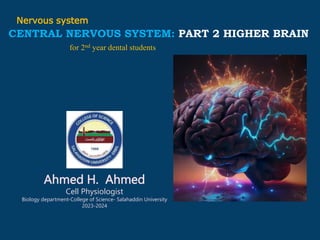 CENTRAL NERVOUS SYSTEM: PART 2 HIGHER BRAIN
Ahmed H. Ahmed
Cell Physiologist
Biology department-College of Science- Salahaddin University
2023-2024
for 2nd year dental students
Nervous system
 
