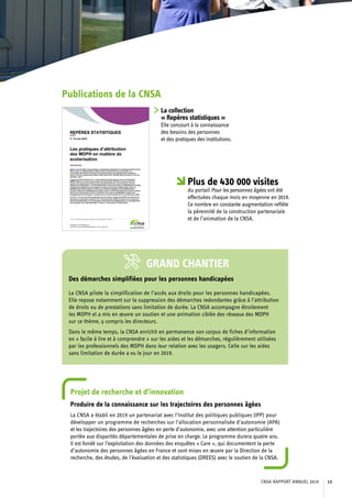 Publications de la CNSA
La collection
« Repères statistiques »
Elle concourt à la connaissance
des besoins des personnes
et des pratiques des institutions.
Plus de 430 000 visites
du portail Pour les personnes âgées ont été
effectuées chaque mois en moyenne en 2019.
Ce nombre en constante augmentation reflète
la pérennité de la construction partenariale
et de l’animation de la CNSA.
GRAND CHANTIER
Des démarches simplifiées pour les personnes handicapées
La CNSA pilote la simplification de l’accès aux droits pour les personnes handicapées.
Elle repose notamment sur la suppression des démarches redondantes grâce à l’attribution
de droits ou de prestations sans limitation de durée. La CNSA accompagne étroitement
les MDPH et a mis en œuvre un soutien et une animation ciblée des réseaux des MDPH
sur ce thème, y compris les directeurs.
Dans le même temps, la CNSA enrichit en permanence son corpus de fiches d’information
en « facile à lire et à comprendre » sur les aides et les démarches, régulièrement utilisées
par les professionnels des MDPH dans leur relation avec les usagers. Celle sur les aides
sans limitation de durée a vu le jour en 2019.
Projet de recherche et d’innovation
Produire de la connaissance sur les trajectoires des personnes âgées
La CNSA a établi en 2019 un partenariat avec l’Institut des politiques publiques (IPP) pour
développer un programme de recherches sur l’allocation personnalisée d’autonomie (APA)
et les trajectoires des personnes âgées en perte d’autonomie, avec une attention particulière
portée aux disparités départementales de prise en charge. Le programme durera quatre ans.
Il est fondé sur l’exploitation des données des enquêtes « Care », qui documentent la perte
d’autonomie des personnes âgées en France et sont mises en œuvre par la Direction de la
recherche, des études, de l’évaluation et des statistiques (DREES) avec le soutien de la CNSA.
CNSA RAPPORT ANNUEL 2019 13
 