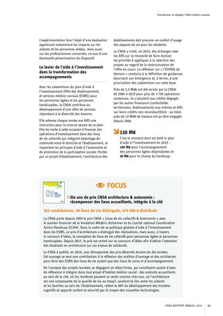 Transformer et adapter l’offre médico-sociale
L’expérimentation fera l’objet d’une évaluation
appréciant notamment les impacts sur les
aidants et les personnes aidées, mais aussi
sur les professionnels concernés, en vue d’une
éventuelle pérennisation du dispositif.
Le levier de l’aide à l’investissement
dans la transformation des
accompagnements
Avec les subventions du plan d’aide à
l’investissement (PAI) des établissements
et services médico-sociaux (ESMS) pour
les personnes âgées et les personnes
handicapées, la CNSA contribue au
développement d’une offre de services
répondant à la diversité des besoins.
Elle adresse chaque année aux ARS une
instruction pour la mise en œuvre de ce plan.
Elle les invite à cette occasion à financer des
opérations d’investissement dans des lieux
de vie collectifs qui intègrent davantage de
continuité entre le domicile et l’établissement, et
respectent les principes d’aide à l’autonomie et
de promotion de la participation sociale. Portée
par un projet d’établissement, l’architecture des
établissements doit procurer un confort d’usage
des espaces de vie pour les résidents.
La CNSA a initié, en 2019, des échanges avec
les ARS sur la nécessité de faire évoluer
les priorités à appliquer à la sélection des
projets au regard de la restructuration de
l’offre en cours. La réflexion sur « l’EHPAD de
demain » conduira à la définition de guidances
favorisant son émergence et, à terme, à une
priorisation des subventions sur cette base.
Près de 2,5 Md€ ont été versés par la CNSA
de 2006 à 2019 pour plus de 3 750 opérations
soutenues. Ils s’ajoutent aux crédits dégagés
par les autres financeurs (collectivités
territoriales, établissements eux-mêmes et ARS
sur leurs crédits non reconductibles) : au total,
près de 19 Md€ de travaux ont pu être engagés
depuis 2006.
130 M€
C’est le montant dont est doté le plan
d’aide à l’investissement en 2019 :
100 M€ pour l’accompagnement
des personnes âgées dépendantes et
30 M€ pour le champ du handicap.
FOCUS
Dix ans de prix CNSA architecture  autonomie :
récompenser des lieux accueillants, intégrés à la cité
332 candidatures, 38 lieux de vie distingués, 471 000 € distribués
La CNSA porte depuis 2009 le prix CNSA « Lieux de vie collectifs  Autonomie » avec
le soutien financier de la fondation Médéric Alzheimer et du Comité national Coordination
Action Handicap (CCAH). Dans le cadre de sa politique globale d’aide à l’investissement
dans les ESMS, ce prix d’architecture a distingué des réalisations, mais aussi, à travers
le concours d’idées, la conception de lieux de vie collectifs pour personnes âgées et personnes
handicapées. Depuis 2017, le prix est centré sur ce concours d’idées afin d’attirer l’attention
des étudiants en architecture sur ces enjeux de solidarité.
La CNSA a publié, en 2019, une rétrospective des prix décernés durant ces dix années.
Cet ouvrage se veut une contribution à la réflexion des maîtres d’ouvrage et des architectes
pour faire des ESMS des lieux de vie autant que des lieux de soins et d’accompagnement.
De l’analyse des projets lauréats se dégagent six idées fortes, qui constituent autant d’axes
de réflexions à intégrer dans tout projet d’habitat médico-social : des endroits accueillants
au sein de la cité, où les résidents peuvent se sentir comme chez eux, où l’architecture
est une composante de la qualité de vie au travail, soutient le lien entre les aidants
et les familles au sein de l’établissement, relève le défi du développement des troubles
cognitifs et apporte confort et sécurité par le moyen des nouvelles technologies.
CNSA RAPPORT ANNUEL 2019 33
 