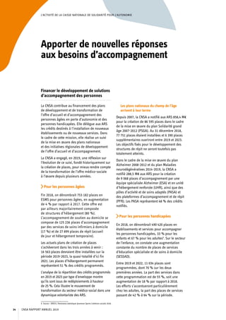 L’ACTIVITÉ DE LA CAISSE NATIONALE DE SOLIDARITÉ POUR L’AUTONOMIE
Apporter de nouvelles réponses
aux besoins d’accompagnement
Financer le développement de solutions
d’accompagnement des personnes
La CNSA contribue au financement des plans
de développement et de transformation de
l’offre d’accueil et d’accompagnement des
personnes âgées en perte d’autonomie et des
personnes handicapées. Elle délègue aux ARS
les crédits destinés à l’installation de nouveaux
établissements ou de nouveaux services. Dans
le cadre de cette mission, elle réalise un suivi
de la mise en œuvre des plans nationaux
et des initiatives régionales de développement
de l’offre d’accueil et d’accompagnement.
La CNSA a engagé, en 2019, une réflexion sur
l’évolution de ce suivi, fondé historiquement sur
la création de places, pour mieux rendre compte
de la transformation de l’offre médico-sociale
à l’œuvre depuis plusieurs années.
Pour les personnes âgées
Fin 2018, on dénombrait 753 182 places en
ESMS pour personnes âgées, en augmentation
de 4 % par rapport à 2017. Cette offre est
par ailleurs majoritairement composée
de structures d’hébergement (80 %).
L’accompagnement de soutien au domicile se
compose de 125 236 places d’accompagnement
par des services de soins infirmiers à domicile
(17 %) et de 27 899 places de répit (accueil
de jour et hébergement temporaire).
Les actuels plans de création de places
s’achèveront dans les trois années à venir :
16 563 places devraient être installées sur la
période 2019-2023, la quasi-totalité d’ici fin
2021. Les places d’hébergement permanent
représentent 51 % des crédits programmés.
L’analyse de la répartition des crédits programmés
en 2019 et 2023 par type d’enveloppe montre
qu’ils sont issus de redéploiements à hauteur
de 25 %. Cela illustre le mouvement de
transformation du secteur médico-social dans une
dynamique volontariste des ARS.
9. Source : DREES, Panorama statistique Jeunesse Sports Cohésion sociale 2018.
Les plans nationaux du champ de l’âge
arrivent à leur terme
Depuis 2007, la CNSA a notifié aux ARS 858,4 M€
pour la création de 86 595 places dans le cadre
de la mise en œuvre du plan Solidarité grand
âge 2007-2012 (PSGA). Au 31 décembre 2018,
77 751 places étaient installées et 6 390 places
supplémentaires ouvriront entre 2019 et 2023.
Les objectifs fixés pour le développement des
structures de répit ne seront toutefois pas
totalement atteints.
Dans le cadre de la mise en œuvre du plan
Alzheimer 2008-2012 et du plan Maladies
neurodégénératives 2014-2019, la CNSA a
notifié 288,5 M€ aux ARS pour la création
de 9 068 places d’accompagnement par une
équipe spécialisée Alzheimer (ESA) et en unité
d’hébergement renforcée (UHR), ainsi que des
pôles d’activité et de soins adaptés (PASA) et
des plateformes d’accompagnement et de répit
(PFR). Les PASA représentent 48 % des crédits
notifiés.
Pour les personnes handicapées
En 2018, on dénombrait 490 420 places en
établissements et services pour accompagner
les personnes handicapées, 33 % pour les
enfants et 67 % pour les adultes9
. Sur le secteur
de l’enfance, on constate une augmentation
constante du nombre de places de services
d’éducation spécialisée et de soins à domicile
(SESSAD).
Entre 2019 et 2022, 11 034 places sont
programmées, dont 70 % sur les deux
premières années. La part des services dans
cette programmation est de 55 %, soit une
augmentation de 18 % par rapport à 2018.
Les efforts s’accentueront particulièrement
chez les adultes, la part des places de services
passant de 42 % à 64 % sur la période.
CNSA RAPPORT ANNUEL 201934
 