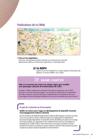 Publications de la CNSA
Frise sur les coopérations
Cette frise a été réalisée par Alexia Leibrandt lors des Rencontres nationales
départements-CNSA sur le thème des coopérations, le 3 décembre 2019.
76 MDPH
avaient, à la fin 2019, déployé leur nouveau système d’information (SI)
labellisé « SI commun MDPH » par la CNSA.
GRAND CHANTIER
Aller à la rencontre des acteurs de chaque région pour insuffler
une dynamique collective de transformation de l’offre
En 2019, la CNSA a renforcé son animation territoriale en organisant, avec la DGCS
et le CIH, un tour de France des régions : les journées territoriales de la transformation
de l’offre ont permis à plus de 600 acteurs institutionnels de l’ensemble du territoire
de partager les bonnes pratiques existantes et de concevoir ensemble des pistes d’action.
Projet de recherche et d’innovation
Outiller les acteurs pour l’appui au développement de dispositifs innovants
d’accompagnement renforcé à domicile
Dans les territoires, des dispositifs expérimentaux relèvent le défi d’apporter, à domicile, les aides,
le soin et la sécurité à un niveau usuellement promis par l’hébergement en établissement
des personnes âgées dépendantes. Ces dispositifs sont très diversifiés par le public pris en charge,
les services proposés, leur organisation et leur modèle de financement. Pour encourager leur
développement, la CNSA a doté en 2019 les financeurs et les porteurs de projets d’un cadre
d’analyse harmonisé de ces solutions de soutien renforcé au domicile à deux moments du projet :
la phase de conception (projet de dispositif) et en fonctionnement.
CNSA RAPPORT ANNUEL 2019 45
 