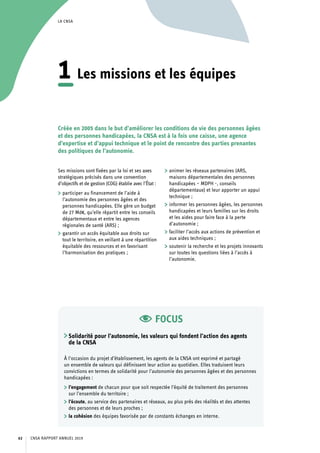 LA CNSA
Ses missions sont fixées par la loi et ses axes
stratégiques précisés dans une convention
d’objectifs et de gestion (COG) établie avec l’État :
	 participer au financement de l’aide à
l’autonomie des personnes âgées et des
personnes handicapées. Elle gère un budget
de 27 Md€, qu’elle répartit entre les conseils
départementaux et entre les agences
régionales de santé (ARS) ;
	 garantir un accès équitable aux droits sur
tout le territoire, en veillant à une répartition
équitable des ressources et en favorisant
l’harmonisation des pratiques ;
	 animer les réseaux partenaires (ARS,
maisons départementales des personnes
handicapées – MDPH -, conseils
départementaux) et leur apporter un appui
technique ;
	 informer les personnes âgées, les personnes
handicapées et leurs familles sur les droits
et les aides pour faire face à la perte
d’autonomie ;
	 faciliter l’accès aux actions de prévention et
aux aides techniques ;
	 soutenir la recherche et les projets innovants
sur toutes les questions liées à l’accès à
l’autonomie.
FOCUS
Solidarité pour l’autonomie, les valeurs qui fondent l’action des agents
de la CNSA
À l’occasion du projet d’établissement, les agents de la CNSA ont exprimé et partagé
un ensemble de valeurs qui définissent leur action au quotidien. Elles traduisent leurs
convictions en termes de solidarité pour l’autonomie des personnes âgées et des personnes
handicapées :
	 l’engagement de chacun pour que soit respectée l’équité de traitement des personnes
sur l’ensemble du territoire ;
	 l’écoute, au service des partenaires et réseaux, au plus près des réalités et des attentes
des personnes et de leurs proches ;
	 la cohésion des équipes favorisée par de constants échanges en interne.
1	Les missions et les équipes
Créée en 2005 dans le but d’améliorer les conditions de vie des personnes âgées
et des personnes handicapées, la CNSA est à la fois une caisse, une agence
d’expertise et d’appui technique et le point de rencontre des parties prenantes
des politiques de l’autonomie.
CNSA RAPPORT ANNUEL 201962
 