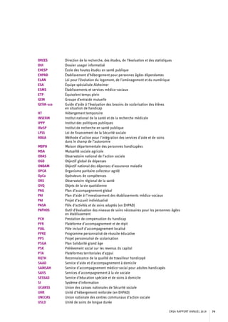 DREES 	 Direction de la recherche, des études, de l’évaluation et des statistiques
DUI 	 Dossier usager informatisé
EHESP 	 École des hautes études en santé publique
EHPAD 	 Établissement d’hébergement pour personnes âgées dépendantes
ELAN 	 Loi pour l’évolution du logement, de l’aménagement et du numérique
ESA 	 Équipe spécialisée Alzheimer
ESMS 	 Établissements et services médico-sociaux
ETP 	 Équivalent temps plein
GEM 	 Groupe d’entraide mutuelle
GEVA-sco 	Guide d’aide à l’évaluation des besoins de scolarisation des élèves
en situation de handicap
HT 	 Hébergement temporaire
INSERM 	 Institut national de la santé et de la recherche médicale
IPPP 	 Institut des politiques publiques
IReSP 	 Institut de recherche en santé publique
LFSS 	 Loi de financement de la Sécurité sociale
MAIA 	Méthode d’action pour l’intégration des services d’aide et de soins
dans le champ de l’autonomie
MDPH 	 Maison départementale des personnes handicapées
MSA 	 Mutualité sociale agricole
ODAS 	 Observatoire national de l’action sociale
OGD 	 Objectif global de dépenses
ONDAM 	 Objectif national des dépenses d’assurance maladie
OPCA 	 Organisme paritaire collecteur agréé
OpCo 	 Opérateurs de compétences
ORS 	 Observatoire régional de la santé
OVQ 	 Objets de la vie quotidienne
PAG 	 Plan d’accompagnement global
PAI 	 Plan d’aide à l’investissement des établissements médico-sociaux
PAI 	 Projet d’accueil individualisé
PASA 	 Pôle d’activités et de soins adaptés (en EHPAD)
PATHOS 	Outil d’évaluation des niveaux de soins nécessaires pour les personnes âgées
en établissement
PCH 	 Prestation de compensation du handicap
PFR 	 Plateforme d’accompagnement et de répit
PIAL 	 Pôle inclusif d’accompagnement localisé
PPRE 	 Programme personnalisé de réussite éducative
PPS 	 Projet personnalisé de scolarisation
PSGA 	 Plan Solidarité grand âge
PSK 	 Prélèvement social sur les revenus du capital
PTA 	 Plateformes territoriales d’appui
RQTH 	 Reconnaissance de la qualité de travailleur handicapé
SAAD 	 Service d’aide et d’accompagnement à domicile
SAMSAH 	 Service d’accompagnement médico-social pour adultes handicapés
SAVS 	 Services d’accompagnement à la vie sociale
SESSAD 	 Service d’éducation spéciale et de soins à domicile
SI 	 Système d’information
UCANSS	 Union des caisses nationales de Sécurité sociale
UHR 	 Unité d’hébergement renforcée (en EHPAD)
UNCCAS 	 Union nationale des centres communaux d’action sociale
USLD 	 Unité de soins de longue durée
CNSA RAPPORT ANNUEL 2019 79
 