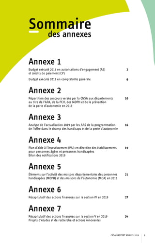 Sommaire
des annexes
Annexe 1
Budget exécuté 2019 en autorisations d’engagement (AE)
et crédits de paiement (CP)
2
Budget exécuté 2019 en comptabilité générale 6
Annexe 2
Répartition des concours versés par la CNSA aux départements
au titre de l’APA, de la PCH, des MDPH et de la prévention
de la perte d’autonomie en 2019
Annexe 3
Analyse de l’actualisation 2019 par les ARS de la programmation
de l’offre dans le champ des handicaps et de la perte d’autonomie
Annexe 4
Plan d’aide à l’investissement (PAI) en direction des établissements
pour personnes âgées et personnes handicapées
Bilan des notifications 2019
Annexe 5
Éléments sur l’activité des maisons départementales des personnes
handicapées (MDPH) et des maisons de l’autonomie (MDA) en 2018
Annexe 6
Annexe 7
Récapitulatif des actions financées sur la section IV en 2019
Récapitulatif des actions financées sur la section V en 2019
Projets d’études et de recherche et actions innovantes
10
16
19
21
27
34
CNSA RAPPORT ANNUEL 2019 1
 