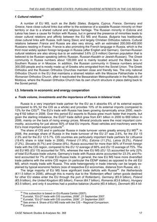 THE EU AND ITS MEMBER STATES: PURSUING DIVERSE INTERESTS IN THE CIS REGION 
f. Cultural relations35 
A number of EU MS, such as the Baltic States, Bulgaria, Cyprus, France, Germany and 
Greece, have close cultural links due either to the existence of a sizeable Russian minority on their 
territory or due to a shared cultural and religious heritage. The Russian minority in Estonia and 
Latvia has been a cause for friction with Russia, but in general the presence of minorities leads to 
closer cultural relations and affinity between the EU MS and Russia. Bulgaria has traditionally 
close cultural links with Russia, both being Slavic and largely Christian Orthodox nations. Cultural 
relations between France and Russia are also very strong, with an estimated 200,000-400,000 
Russians residing in France. France is also promoting the French language in Russia, which is the 
third most widely spoken foreign language in Russia (after English and German). German-Russian 
cultural relations are also strong due to an estimated 3.6% (2.9 million) German population that is 
believed to be Russian speaking (ethnic Russian, Russian-Kazakh or Jewish-Russian). The Greek 
community in Russia numbers about 128,000 and is mainly located around the Black Sea in 
Southern Russia or in Moscow. In addition, the Russian community in Greece numbers around 
300,000 people and is mostly made up of Greeks who emigrated from the Soviet Union. The Greek 
Orthodox and the Russian Orthodox Churches maintain close and friendly ties. The only national 
Orthodox Church in the EU that maintains a strained relation with the Moscow Patriarchate is the 
Romanian Orthodox Church, after it reactivated the Bessarabian Metropolitanate in the Republic of 
Moldova, where the Russian Orthodox Church has its own church structure in place dating back to 
the Soviet period. 
I.3. Interests in economic and energy cooperation 
a. Trade volume, investments and the importance of Russia in bilateral trade 
Russia is a very important trade partner for the EU as it absorbs 6% of its external exports 
(compared to 9% for the CIS as a whole) and provides 10% of its external imports (compared to 
13% for the CIS)36. The EU’s trade with Russia has been growing dynamically since 2000, reach-ing 
€192 billion in 2006. Over this period EU exports to Russia grew much faster that imports, but 
given the starting imbalance, the EU27 trade deficit grew from €41 billion in 2000 to €69 billion in 
2006, mainly on the back of rising energy prices. Mineral products were the most important com-modity, 
accounting for just above 50% of total EU imports. Road vehicles and machinery were the 
EU’s most important export products37. 
The share of CIS and in particular Russia in trade turnover varies greatly among EU MS38. In 
2006, the average share of Russia in the trade turnover of the EU 27 was 2.6%, for the EU 15 
2.3% and for the EU 12 5.7%. CIS countries are particularly important trade partners for Lithuania 
(19.4% share in total trade in 2006), Finland (11.9%), Estonia (11.2%), Latvia (8.2%), Poland 
(7.2%), Slovakia (6.7%) and Greece (6%). Russia accounted for more than 90% of Finnish foreign 
trade with the CIS region, compared to the EU 12 average of 66% and EU 15 average of 75%. The 
old EU MS (EU 15) accounted for 78%, whereas the new EU MS (EU 12) accounted for only 22% 
of total EU-Russia trade volume. Germany’s trade with Russia alone accounted for 23.3% and Po-land 
accounted for 7% of total EU-Russia trade. In general, the new EU MS have more diversified 
trade patterns with the entire CIS region (in particular the EENP states) as opposed to the old EU 
MS, which mostly trade with Russia. This wide heterogeneity in trade intensity can be largely ex-plained 
by typical economic factors (size of respective EU economies, distance from Russia, etc.). 
The large majority of EU MS have significant trade deficits with Russia39: the Netherlands 
(€11.5 billion in 2006), although this is mainly due to the ‘Rotterdam effect’ (when goods destined 
for other EU states enter the EU through the port of Rotterdam), Germany (€5.9 billion), Poland 
(€5.9 billion), the United Kingdom (€5 billion), France (€4.7 billion), Romania (€3.6 billion), Hungary 
(€3.5 billion), and only 4 countries had a positive balance (Austria (€0.4 billion), Denmark (€0.4 bil- 
35 This subsection is based on EU-Russia Centre (2007). 
36 Eurostat, “EU-27 trade with CIS countries, 2006”, 21 September 2007. 
37 Eurostat, “EU-27 trade with CIS countries, 2006”, 21 September 2007. 
38 See annex 4: Share of EU MS trade with the CIS – Regional Comparison. 
39 Eurostat. 
CASE Network Studies & Analyses No. 368 17 
 