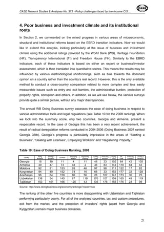 CASE Network Studies & Analyses No. 375 - Policy challenges faced by low-income CIS… 
4. Poor business and investment climate and its institutional 
roots 
In Section 2, we commented on the mixed progress in various areas of microeconomic, 
structural and institutional reforms based on the EBRD transition indicators. Now we would 
like to extend this analysis, looking particularly at the issue of business and investment 
climate using the additional ratings provided by the World Bank (WB), Heritage Foundation 
(HF), Transparency International (TI) and Freedom House (FH). Similarly to the EBRD 
indicators, each of these indicators is based on either an expert or business/investor 
assessment, which is then translated into quantitative scores. This means the results may be 
influenced by various methodological shortcomings, such as bias towards the dominant 
opinion on a country rather than the country’s real record. However, this is the only available 
method to conduct a cross-country comparison related to more complex and less easily 
measurable issues such as entry and exit barriers, the administrative burden, protection of 
property rights, corruption and others. In addition, as we will see below, the various surveys 
provide quite a similar picture, without any major discrepancies. 
The annual WB Doing Business survey assesses the ease of doing business in respect to 
various administrative tools and legal regulations (see Table 10 for the 2008 ranking). When 
we look into the summary score, only two countries, Georgia and Armenia, present a 
respectable record. In the case of Georgia this has been a very recent achievement, the 
result of radical deregulation reforms conducted in 2004-2006 (Doing Business 2007 ranked 
Georgia 35th). Georgia’s progress is particularly impressive in the areas of “Starting a 
Business”, “Dealing with Licenses”, Employing Workers” and “Registering Property.” 
Table 10: Ease of Doing Business Ranking, 2008 
Country Doing 
Business 
Starting a 
Business Licenses Employing 
Workers 
Registering 
Property 
Getting 
Credit 
Protecting 
Investors 
Paying 
Taxes 
Int. 
Trade 
Enforcing 
Contracts 
Closing a 
Business 
Georgia 18 10 11 4 11 48 33 102 64 42 105 
Armenia 39 47 73 48 2 36 83 143 118 64 42 
Moldova 92 81 153 93 46 97 98 111 122 17 82 
Kyrgyzstan 94 49 152 74 16 68 33 152 177 32 128 
Azerbaijan 96 64 159 80 56 26 107 141 173 30 75 
Uzbekistan 138 54 145 67 119 170 107 159 165 48 119 
Tajikistan 153 161 166 125 43 135 176 155 176 23 99 
Source: http://www.doingbusiness.org/economyrankings/?excel=true 
The ranking of the other five countries is more disappointing with Uzbekistan and Tajikistan 
performing particularly poorly. For all of the analyzed countries, tax and custom procedures, 
exit from the market, and the protection of investors’ rights (apart from Georgia and 
Kyrgyzstan) remain major business obstacles. 
21 
 