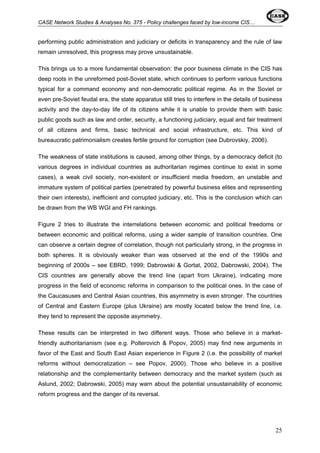 CASE Network Studies & Analyses No. 375 - Policy challenges faced by low-income CIS… 
performing public administration and judiciary or deficits in transparency and the rule of law 
remain unresolved, this progress may prove unsustainable. 
This brings us to a more fundamental observation: the poor business climate in the CIS has 
deep roots in the unreformed post-Soviet state, which continues to perform various functions 
typical for a command economy and non-democratic political regime. As in the Soviet or 
even pre-Soviet feudal era, the state apparatus still tries to interfere in the details of business 
activity and the day-to-day life of its citizens while it is unable to provide them with basic 
public goods such as law and order, security, a functioning judiciary, equal and fair treatment 
of all citizens and firms, basic technical and social infrastructure, etc. This kind of 
bureaucratic patrimonialism creates fertile ground for corruption (see Dubrovskiy, 2006). 
The weakness of state institutions is caused, among other things, by a democracy deficit (to 
various degrees in individual countries as authoritarian regimes continue to exist in some 
cases), a weak civil society, non-existent or insufficient media freedom, an unstable and 
immature system of political parties (penetrated by powerful business elites and representing 
their own interests), inefficient and corrupted judiciary, etc. This is the conclusion which can 
be drawn from the WB WGI and FH rankings. 
Figure 2 tries to illustrate the interrelations between economic and political freedoms or 
between economic and political reforms, using a wider sample of transition countries. One 
can observe a certain degree of correlation, though not particularly strong, in the progress in 
both spheres. It is obviously weaker than was observed at the end of the 1990s and 
beginning of 2000s – see EBRD, 1999; Dabrowski & Gortat, 2002, Dabrowski, 2004). The 
CIS countries are generally above the trend line (apart from Ukraine), indicating more 
progress in the field of economic reforms in comparison to the political ones. In the case of 
the Caucasuses and Central Asian countries, this asymmetry is even stronger. The countries 
of Central and Eastern Europe (plus Ukraine) are mostly located below the trend line, i.e. 
they tend to represent the opposite asymmetry. 
These results can be interpreted in two different ways. Those who believe in a market-friendly 
authoritarianism (see e.g. Polterovich & Popov, 2005) may find new arguments in 
favor of the East and South East Asian experience in Figure 2 (i.e. the possibility of market 
reforms without democratization – see Popov, 2000). Those who believe in a positive 
relationship and the complementarity between democracy and the market system (such as 
Aslund, 2002; Dabrowski, 2005) may warn about the potential unsustainability of economic 
reform progress and the danger of its reversal. 
25 
 