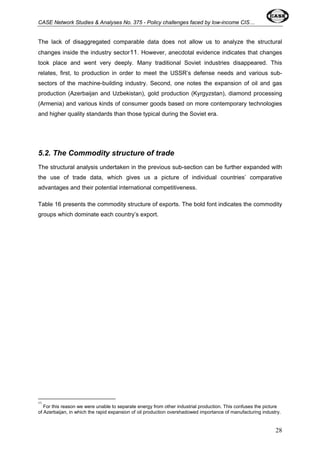 CASE Network Studies & Analyses No. 375 - Policy challenges faced by low-income CIS… 
The lack of disaggregated comparable data does not allow us to analyze the structural 
changes inside the industry sector11. However, anecdotal evidence indicates that changes 
took place and went very deeply. Many traditional Soviet industries disappeared. This 
relates, first, to production in order to meet the USSR’s defense needs and various sub-sectors 
of the machine-building industry. Second, one notes the expansion of oil and gas 
production (Azerbaijan and Uzbekistan), gold production (Kyrgyzstan), diamond processing 
(Armenia) and various kinds of consumer goods based on more contemporary technologies 
and higher quality standards than those typical during the Soviet era. 
5.2. The Commodity structure of trade 
The structural analysis undertaken in the previous sub-section can be further expanded with 
the use of trade data, which gives us a picture of individual countries’ comparative 
advantages and their potential international competitiveness. 
Table 16 presents the commodity structure of exports. The bold font indicates the commodity 
groups which dominate each country’s export. 
11 
For this reason we were unable to separate energy from other industrial production. This confuses the picture 
of Azerbaijan, in which the rapid expansion of oil production overshadowed importance of manufacturing industry. 
28 
 